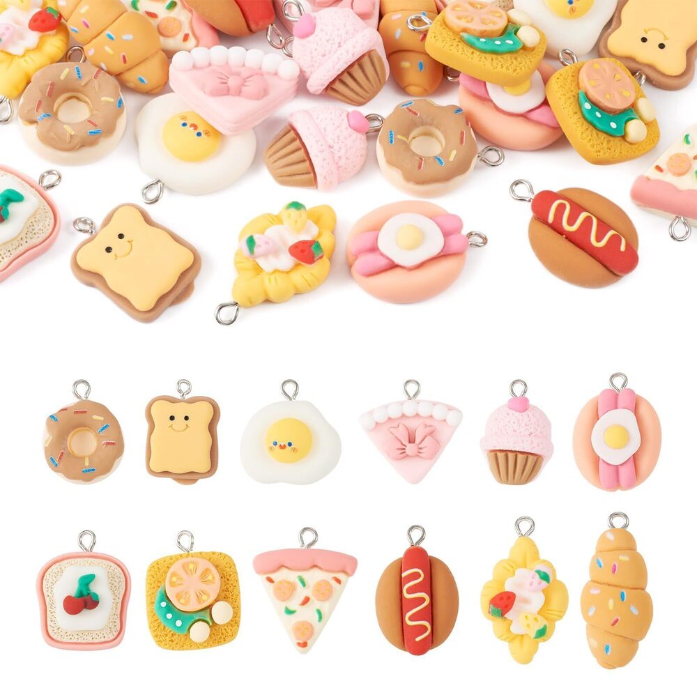 2700 24Pcs Imitation Food Resin Charms Hot Dog Pizza Cup Cake Fried Egg